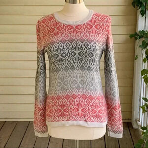 Talbots Pullover Sweater Lambswool Blend Coral & Gray Block Print Size Medium
